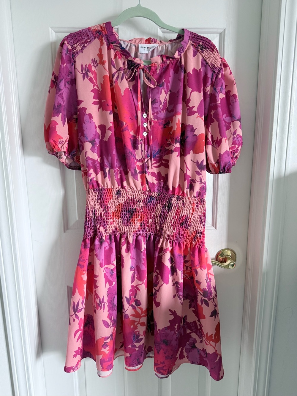 First Love Pink Fuchsia Purple Floral Tie-Neck Smocked Waist Dress Flouncy Vacay